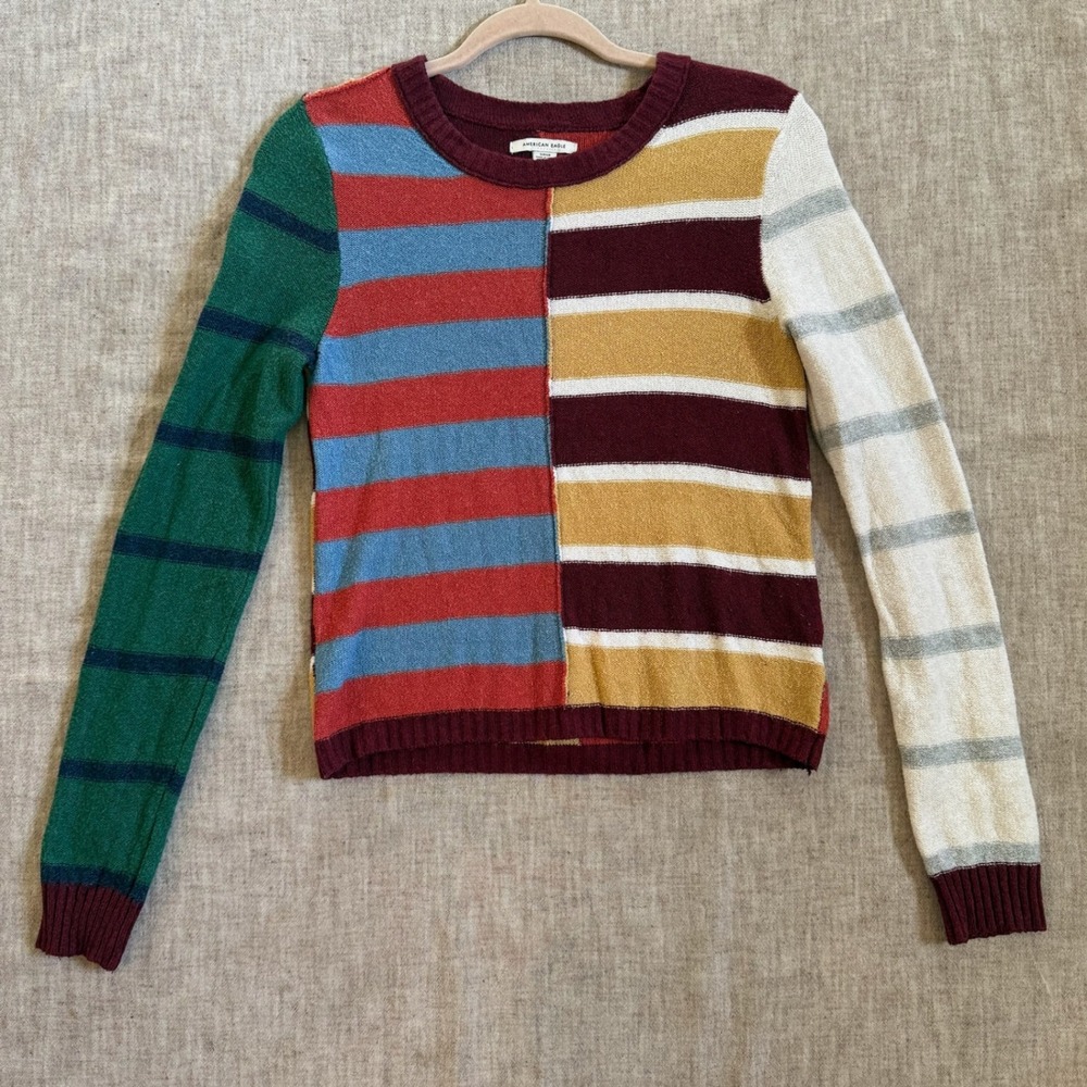 American Eagle Striped Colorblock Sweater Small Multicolor Patchwork Crewneck